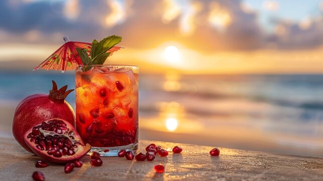 Pomegranate juice with fresh pomegranate fruits on sand overlooking a sunset tropical beach