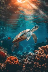 Majestic Sea Turtle, vibrant scales, exploring the colorful coral reefs of the ocean floor, capturing the beauty of the underwater world Realistic, Golden Hour, Fish-eye Effect
