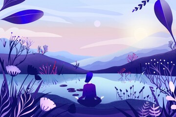 This graphic illustration of meditation in nature offers a tranquil escape, perfect for themes of self-care, mindfulness, and peaceful reflection.