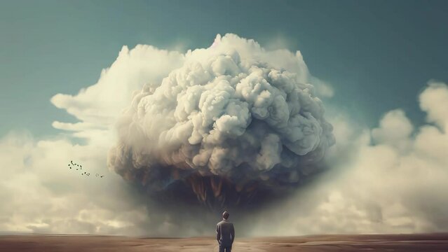 A man stands in front of a large dusty cloud after an explosion in the desert