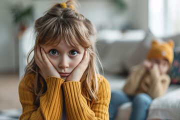 Young stressed girl child with sibling in blurry background - obrazy, fototapety, plakaty