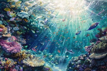 Fototapeta na wymiar Underwater scene teeming with colorful fish and vibrant coral reef in the tropical waters of the Red Sea