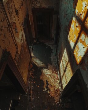 Abandoned Asylum, Haunting Presence, Shadows in Hallways, Stormy Weather, Photography, Golden Hour, Chromatic Aberration