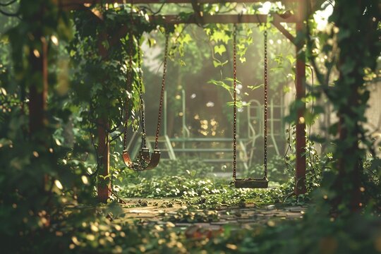 Abandoned playground, Overgrown, Swings tangled in vines, Ivy creeping up the slide, Nature reclaiming urban spaces during human absence, 3D render, Golden hour, Depth of field bokeh effect