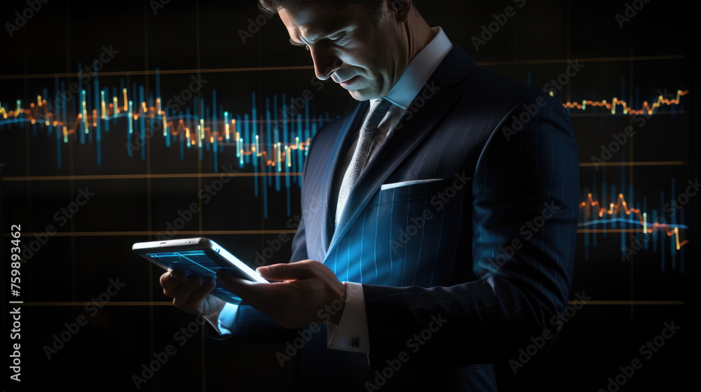 Poster businessman or trader holding tablet with graphs and charts against black background