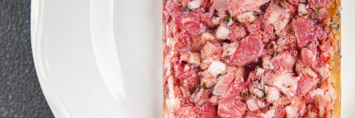 meat terrine slice pate Campagne meat loaf pork meat pie tasty fresh healthy eating cooking appetizer meal food snack on the table copy space food background