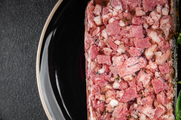 meat terrine slice pate Campagne meat loaf pork meat pie tasty fresh healthy eating cooking appetizer meal food snack on the table copy space food background