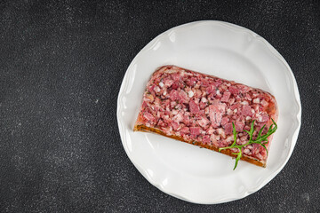 meat terrine slice pate Campagne meat loaf pork meat pie tasty fresh healthy eating cooking appetizer meal food snack on the table copy space food background