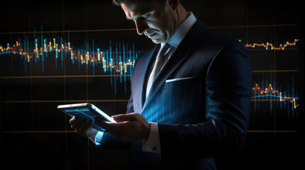 Businessman or trader holding tablet with graphs and charts against black background