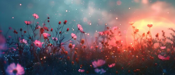 Exotic flowers, luminescent petals, thriving in an Otherworldly Meadow filled with iridescent foliage Overcast skies cast a dreamy glow Realistic depiction with a lens flare effect - obrazy, fototapety, plakaty