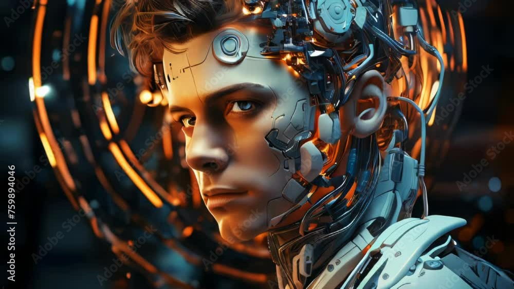 Poster connection of human man and artificial intelligence robot. the concept of merging a person and a com