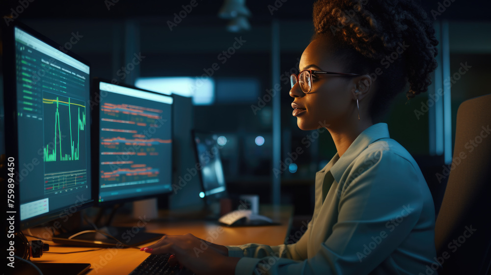 Poster cheerful programmer woman working with computers in office.