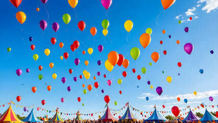 Colorful balloons flying in blue sky at a carnival festival.