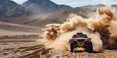 Off road vehicle racing through desert landscape kicking up dust