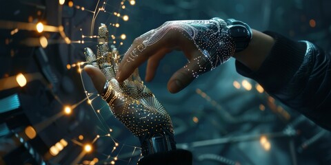 Human hand touching a robotic hand with digital interface and lights around - obrazy, fototapety, plakaty