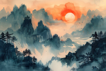 An ethereal traditional Asian landscape painting, featuring misty mountains, serene rivers, and a warm sunset glow.