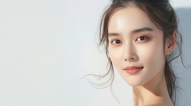  A Chinese smiling beauty, the ultimate beauty, pure white background, graceful, gentleness, Textured skin, Symmetrical beauty, unique beauty, thin face, make - up picture