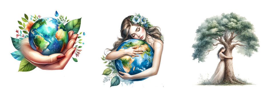 Mother's Day watercolor, Earth on a white background. Isolated image.