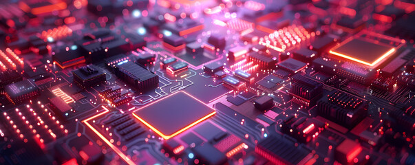 A highly detailed circuit board pulses with glowing red lights, signifying active data processing and electronic function. - obrazy, fototapety, plakaty