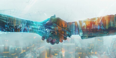 Abstract image of a handshake blended with technological and AI elements