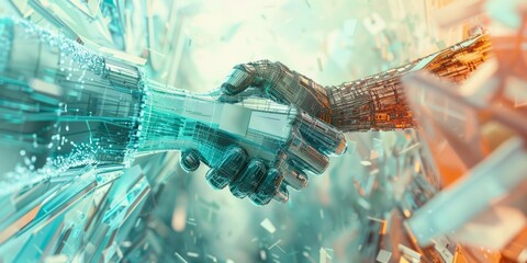 Abstract image of a handshake blended with technological and AI elements