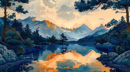 This stylized illustration captures a serene lake reflecting the subtle colors of dawn, surrounded by majestic mountains and lush forests.