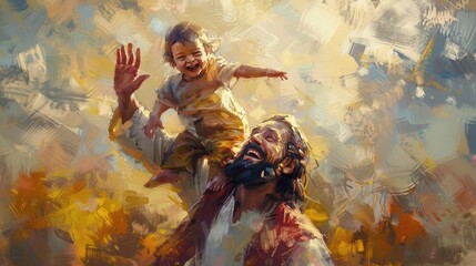 Full body portrait oil painting of Jesus with arabic skin colour, lifting a child high over head and dancing, smiling happy laughing faces, Beautiful landscape scenery background,