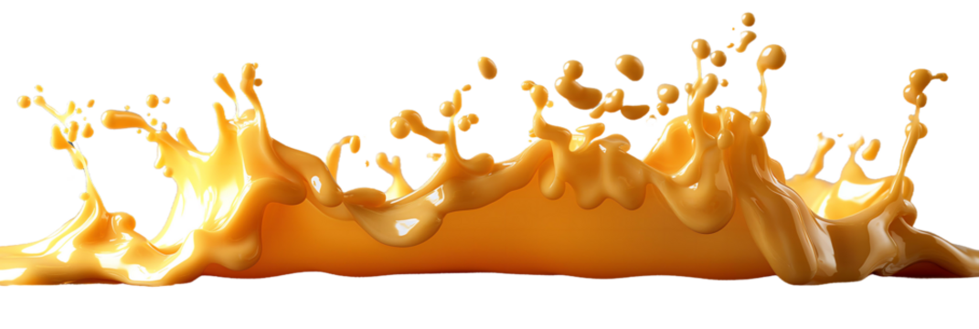 A splash of orange liquid with a white background. The splash is in the middle of the image and is the main focus