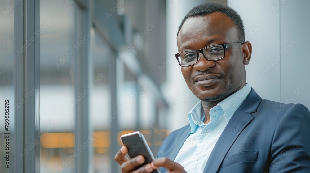 Poster a photo of an african business man using a cellphone at the office. depth of field. ray tracing