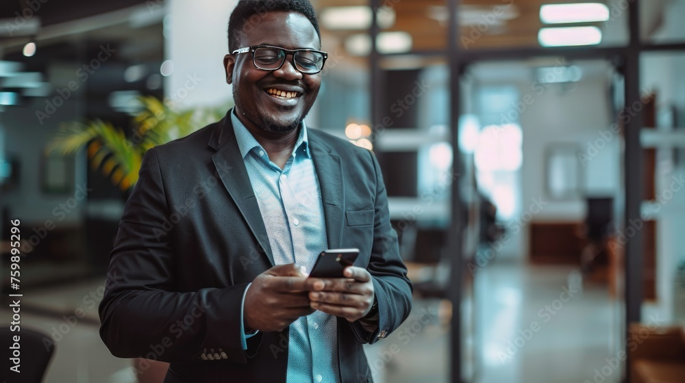 Poster a photo of an african business man using a cellphone at the office. depth of field. ray tracing