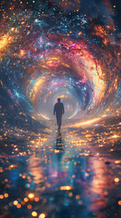 A man walks through a tunnel of stars. The tunnel is illuminated by a bright light, and the stars are scattered throughout the scene. The man is alone, and the tunnel seems to be endless
