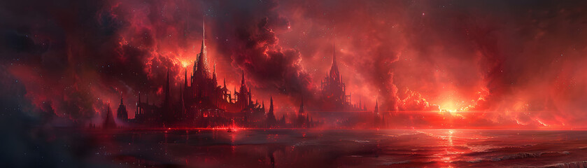 A dystopian cityscape looms under a sky ablaze, with the sea reflecting the fiery doom of a world in cataclysm.