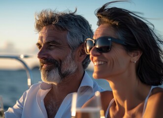 Happy middle-aged man and woman couple sitting and drinking wine on a yacht at sea, enjoying their...