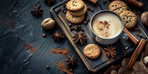 Obraz na płótnie Canvas Cup of coffee with cookies and spices on dark background