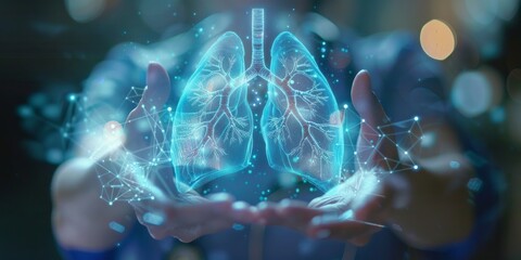 Doctor showing a holographic display of human lungs - obrazy, fototapety, plakaty
