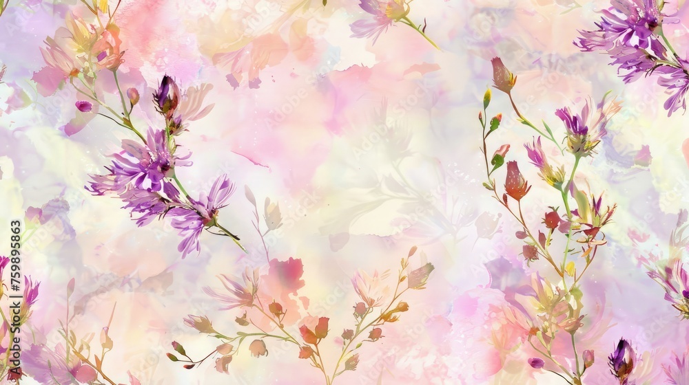 Poster watercolor pattern in wet-in-wet technique with scattered buds of asters in light colors of pink,lav