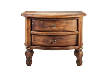 Ornate wooden nightstand with carved details and vintage knobs isolated on black background with...