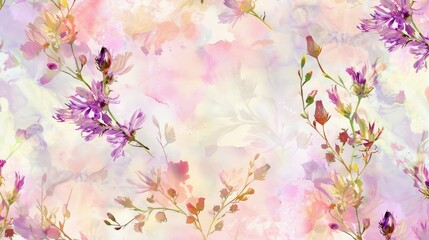 watercolor pattern in wet-in-wet technique with scattered buds of asters in light colors of pink,lavender and pistachio 