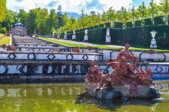 View of the beautiful Amphitrite Fountain. Photography taken at the Royal Site of San Ildefonso, Segovia, Spain.