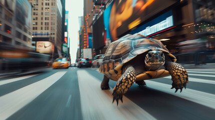 Turtle running extremely fast on busy city street. Side view of Turtle running extremely fast on busy city street at night showing a speed concept. Ai generated image