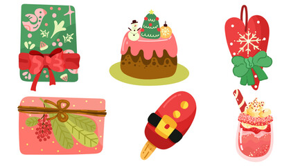 Christmas Items Set. Winter New Year elements. Vector hand draw illustration