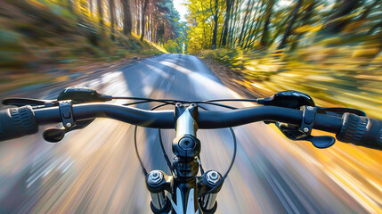 POV shot of blurry motion image of a person riding a bicycle down a street in the autumn forest. - obrazy, fototapety, plakaty