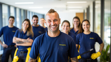Smiling woman and man in a cleaning service uniform with colleagues in the background, indicating a professional cleaning team at work.