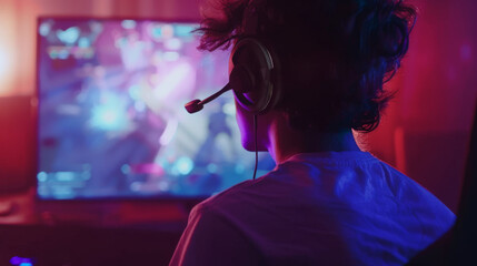 A person with headphones is sitting in front of a computer monitor in a room illuminated by neon lights.