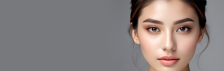 close-up, the face of a girl model of Asian appearance, the concept of the presentation of Korean cosmetics