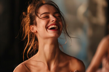Fototapeta premium Young European ballerina laughing backstage, her face alight with the thrill of performance