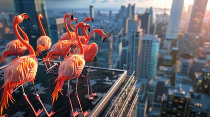 3D flock of flamingos dancing on the rooftop of a skyscraper