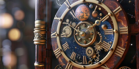 Fototapeta na wymiar 3D model A grandfather clock with gears shaped like planets and constellations.