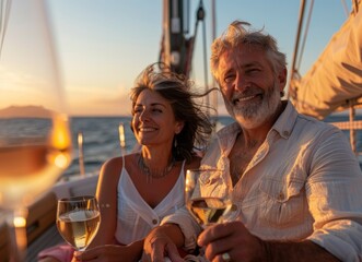 Happy middle-aged man and woman couple sitting and drinking wine on a yacht at sea, enjoying their...