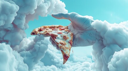 3D render Giant hand reaching from a sky portal offering a slice of pizza.